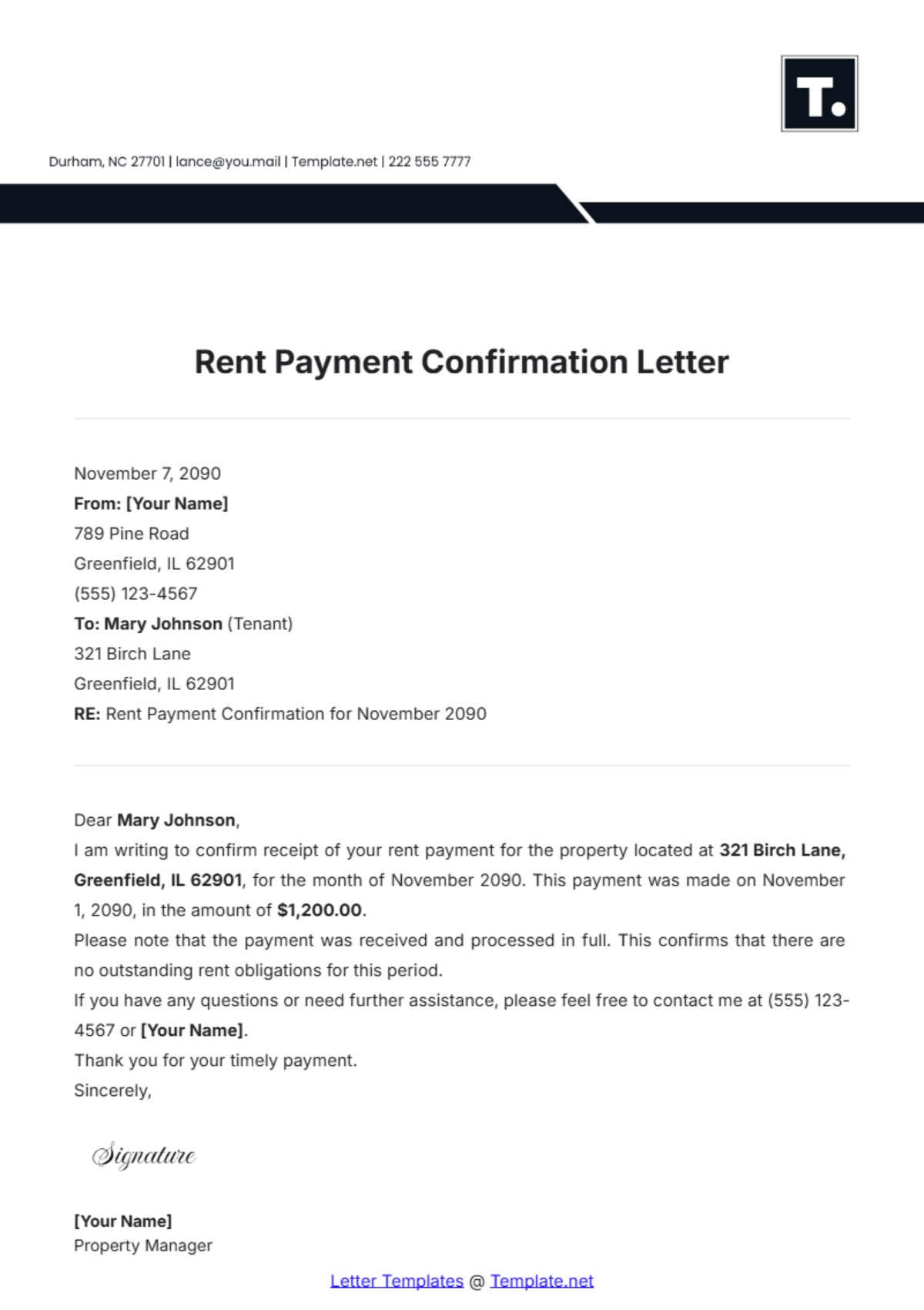 Rent Payment Confirmation Letter Template - Edit Online & Download