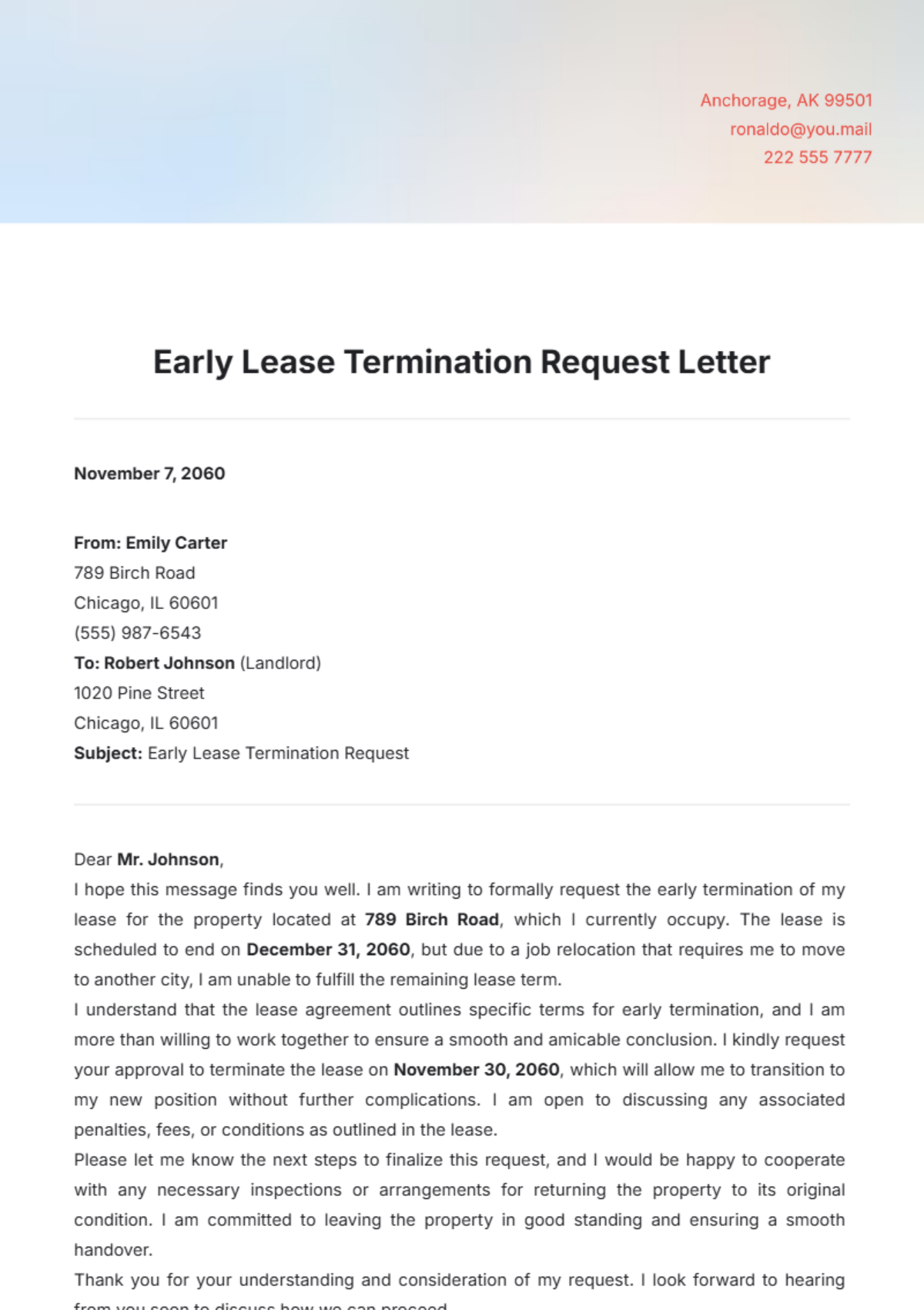 Early Lease Termination Request Letter Template - Edit Online & Download