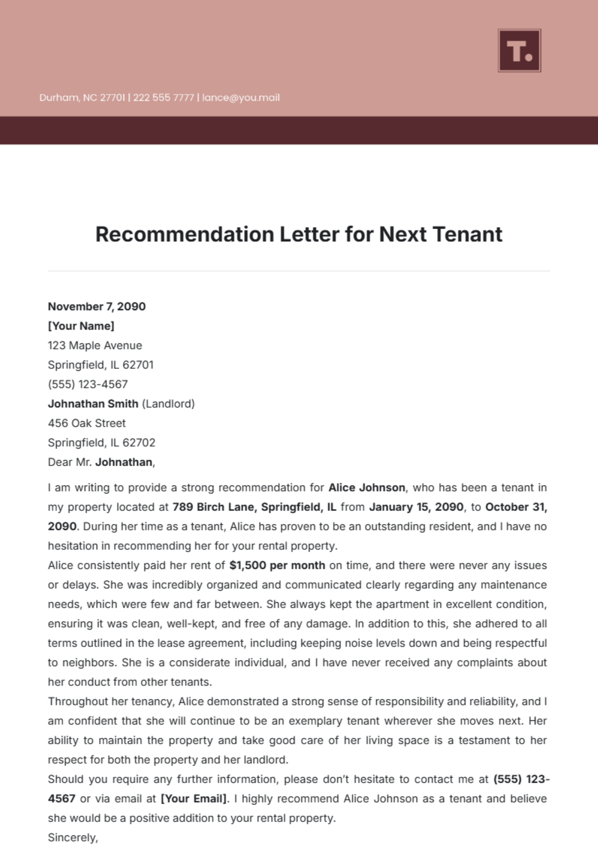 Recommendation Letter for Next Tenant Template - Edit Online & Download