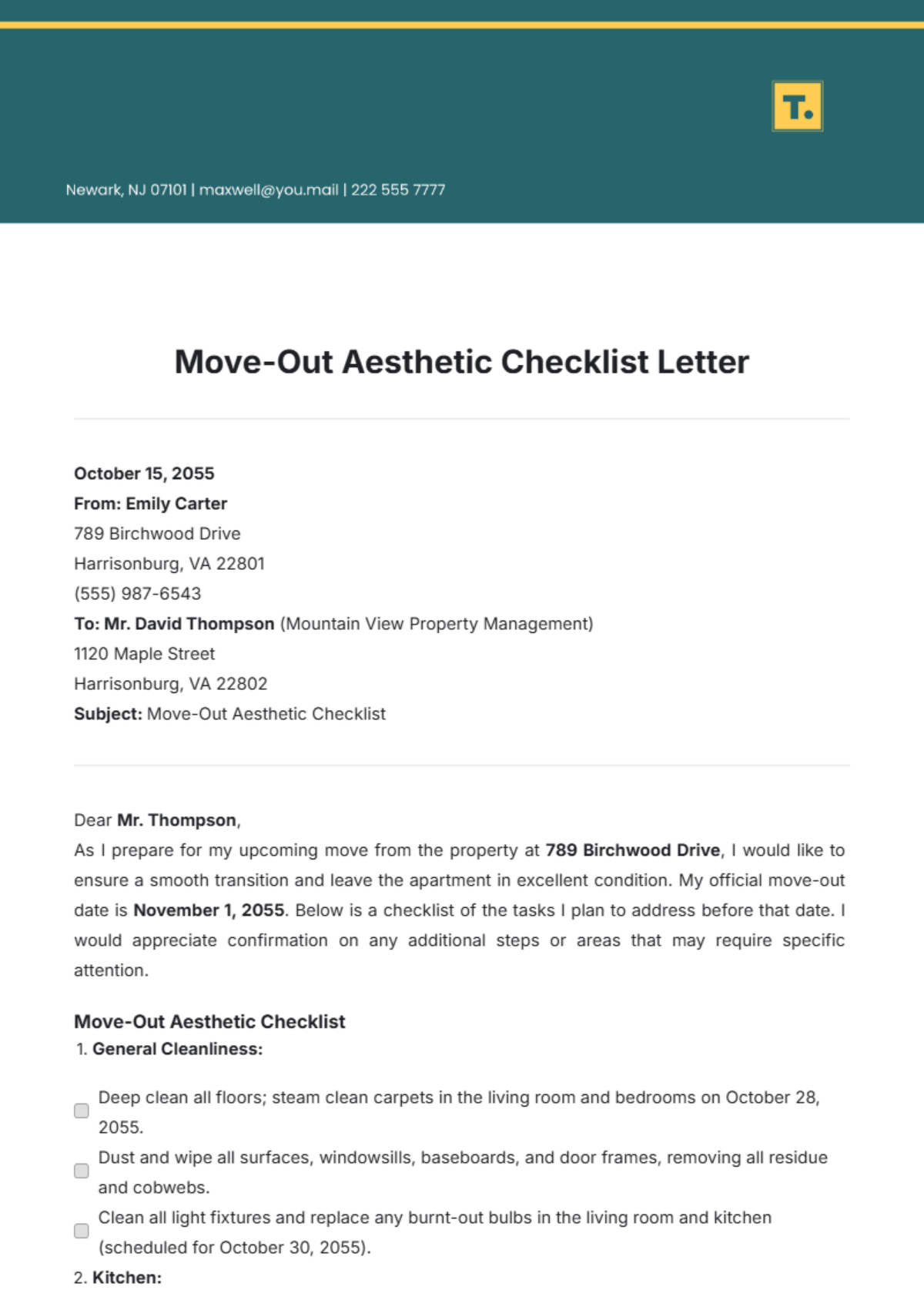 Move-Out Aesthetic Checklist Letter Template - Edit Online & Download