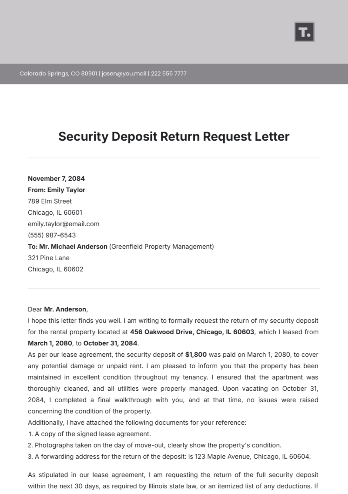 Security Deposit Return Request Letter Template - Edit Online & Download