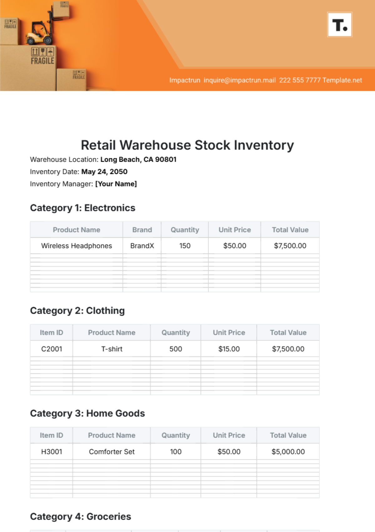 Retail Warehouse Stock Inventory Template - Edit Online & Download