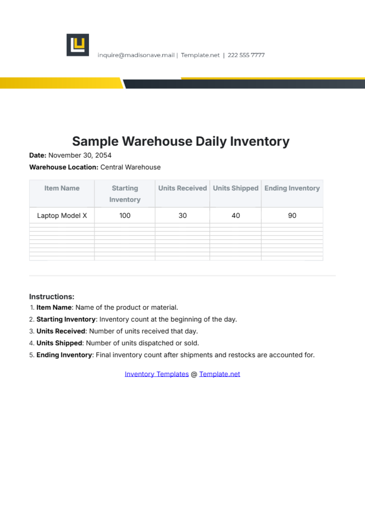 Sample Warehouse Daily Inventory Template - Edit Online & Download