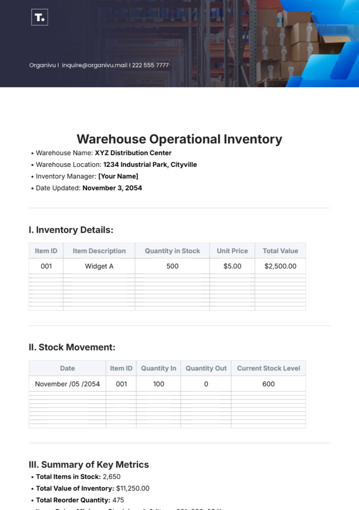 Warehouse Operational Inventory Template - Edit Online & Download