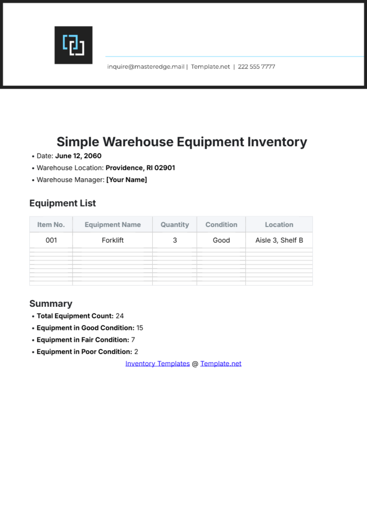 Simple Warehouse Equipment Inventory Template - Edit Online & Download