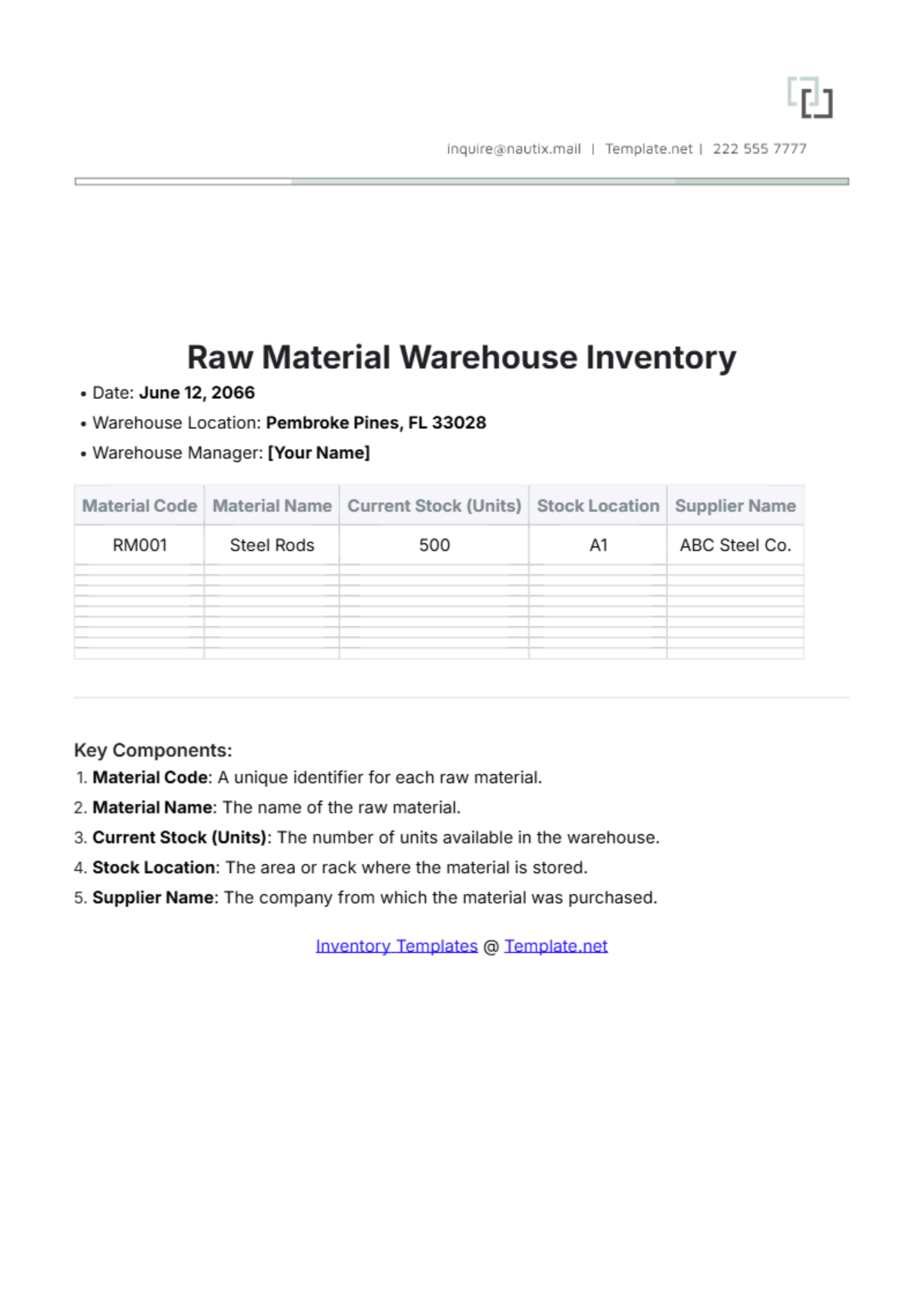 Raw Material Warehouse Inventory Template - Edit Online & Download