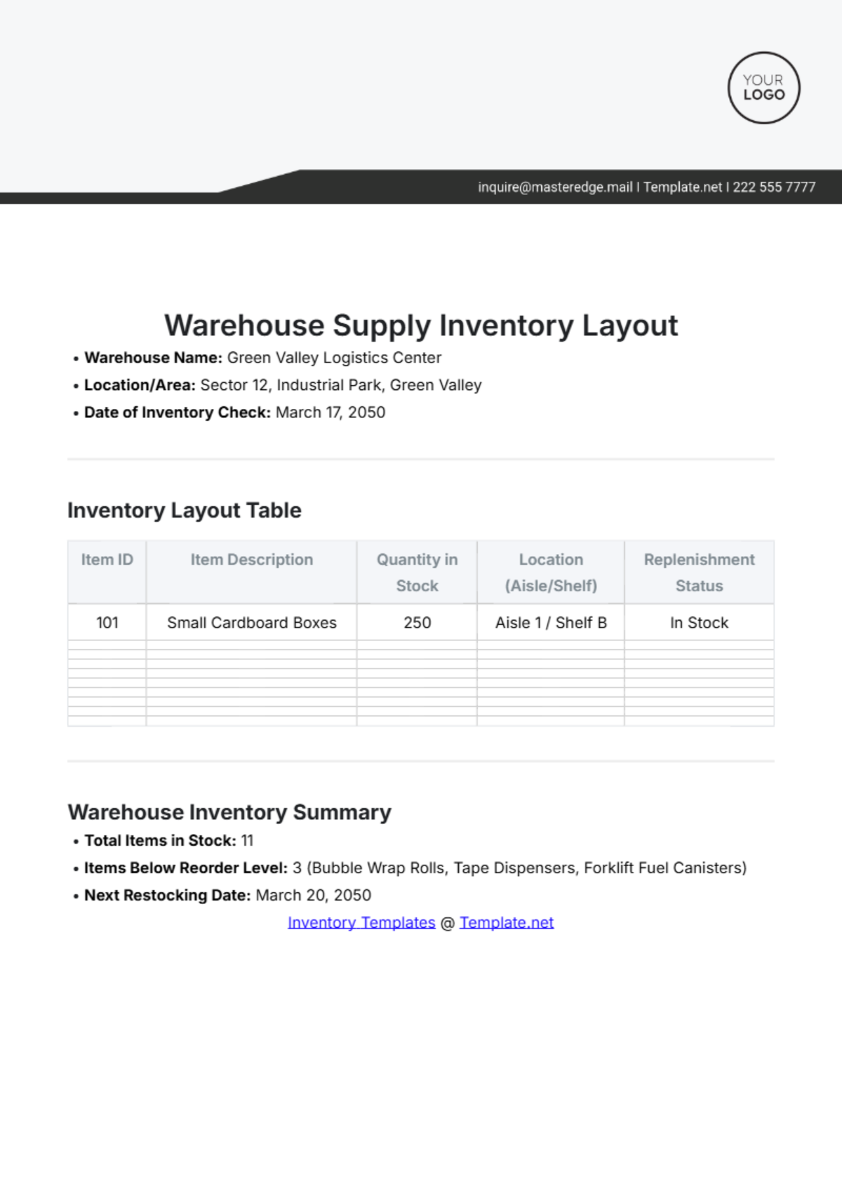 Warehouse Supply Inventory Layout Template - Edit Online & Download