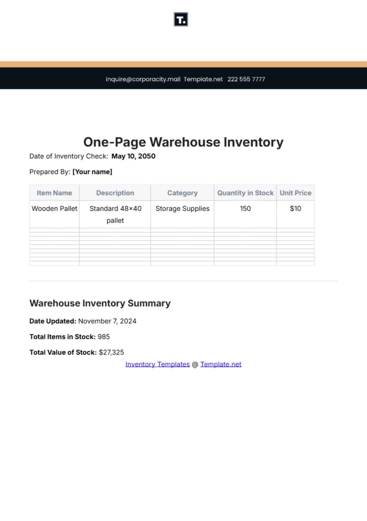 One Page Warehouse Inventory Template - Edit Online & Download