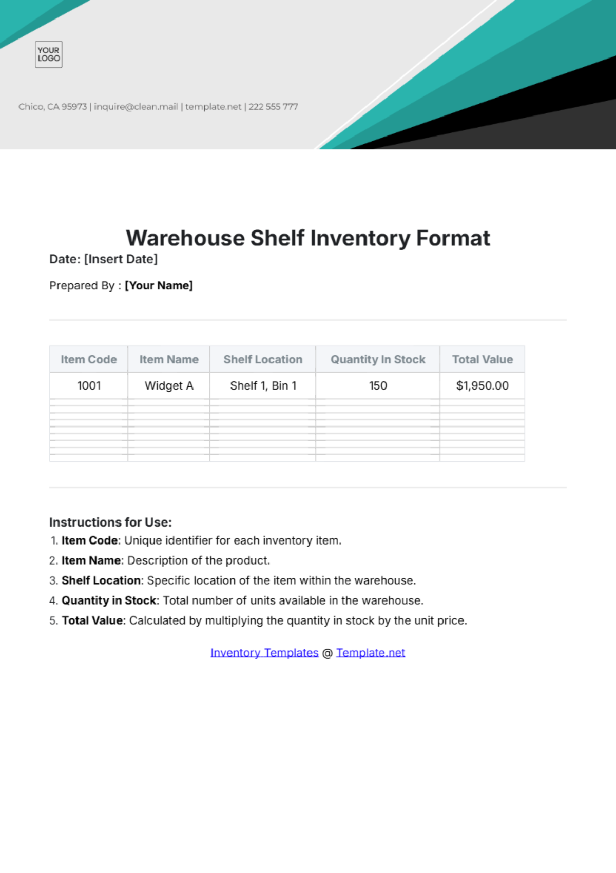 Warehouse Shelf Inventory Format Template - Edit Online & Download