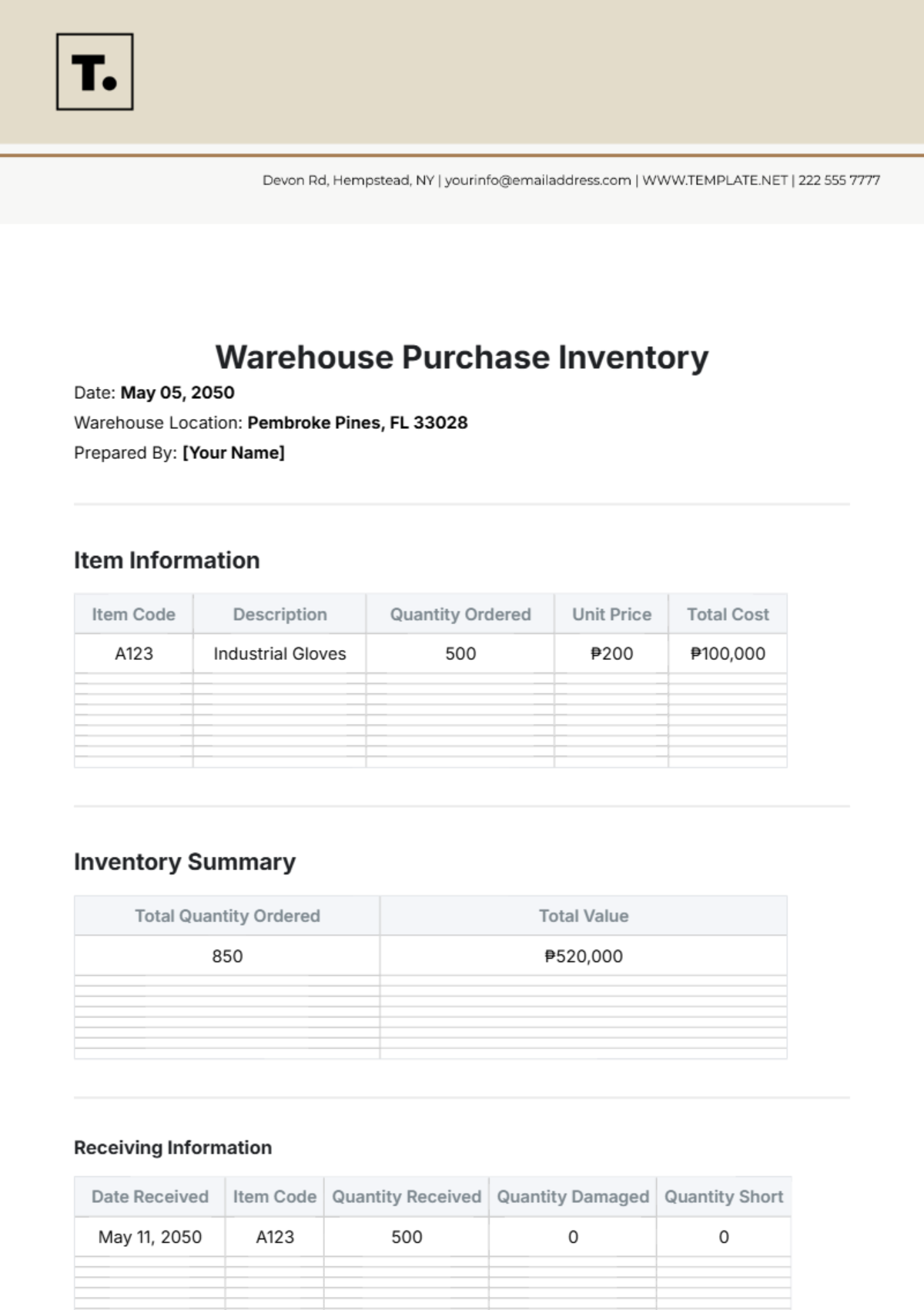 Warehouse Purchase Inventory Template - Edit Online & Download