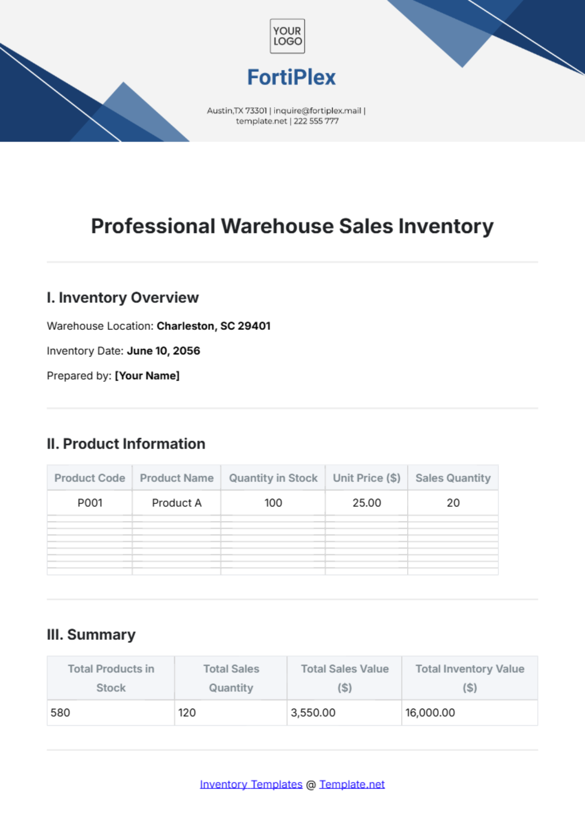 Professional Warehouse Sales Inventory Template - Edit Online & Download