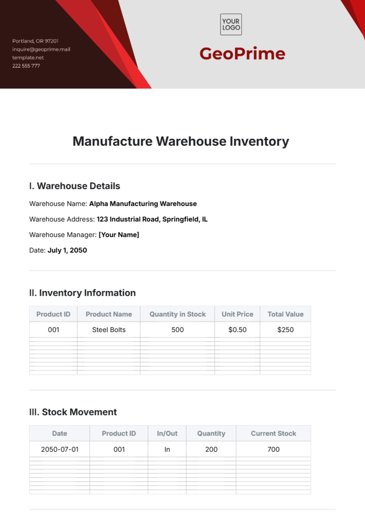 Manufacture Warehouse Inventory Template - Edit Online & Download