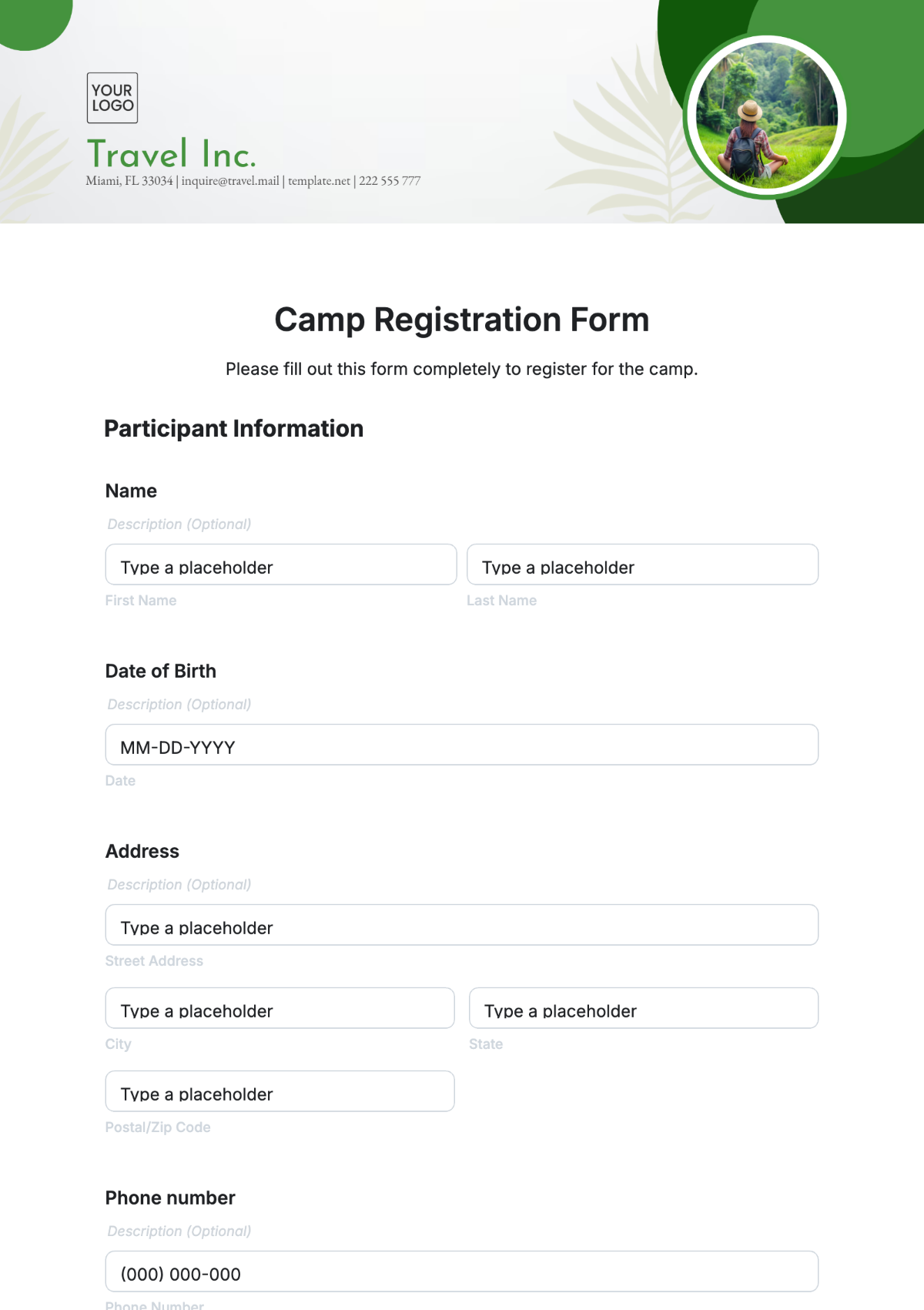 Camp Registration Form Template - Edit Online & Download