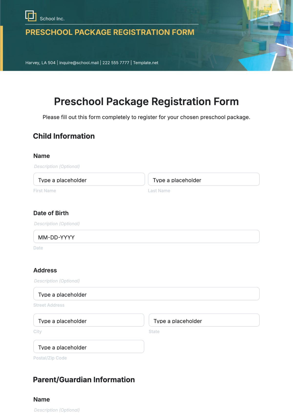 Preschool Package Registration Form Template - Edit Online & Download