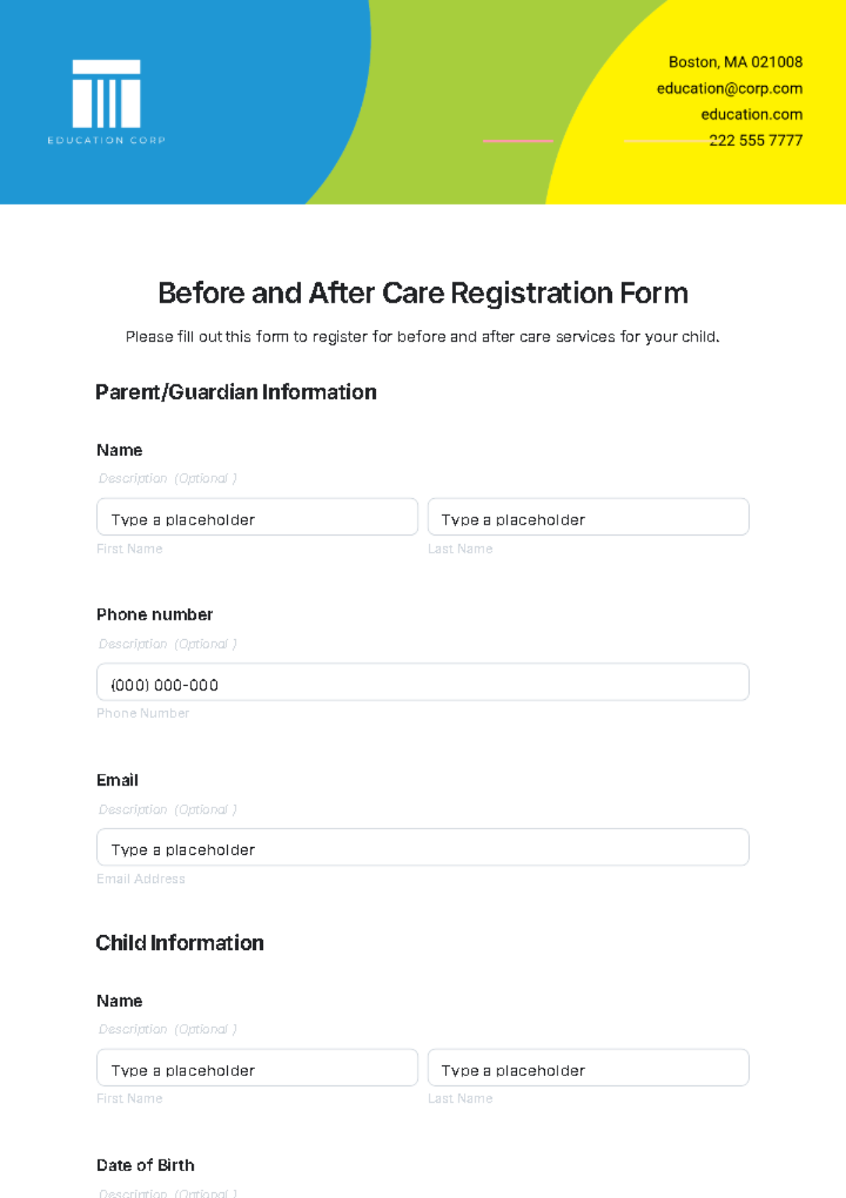 Before and After Care Registration Form Template - Edit Online & Download