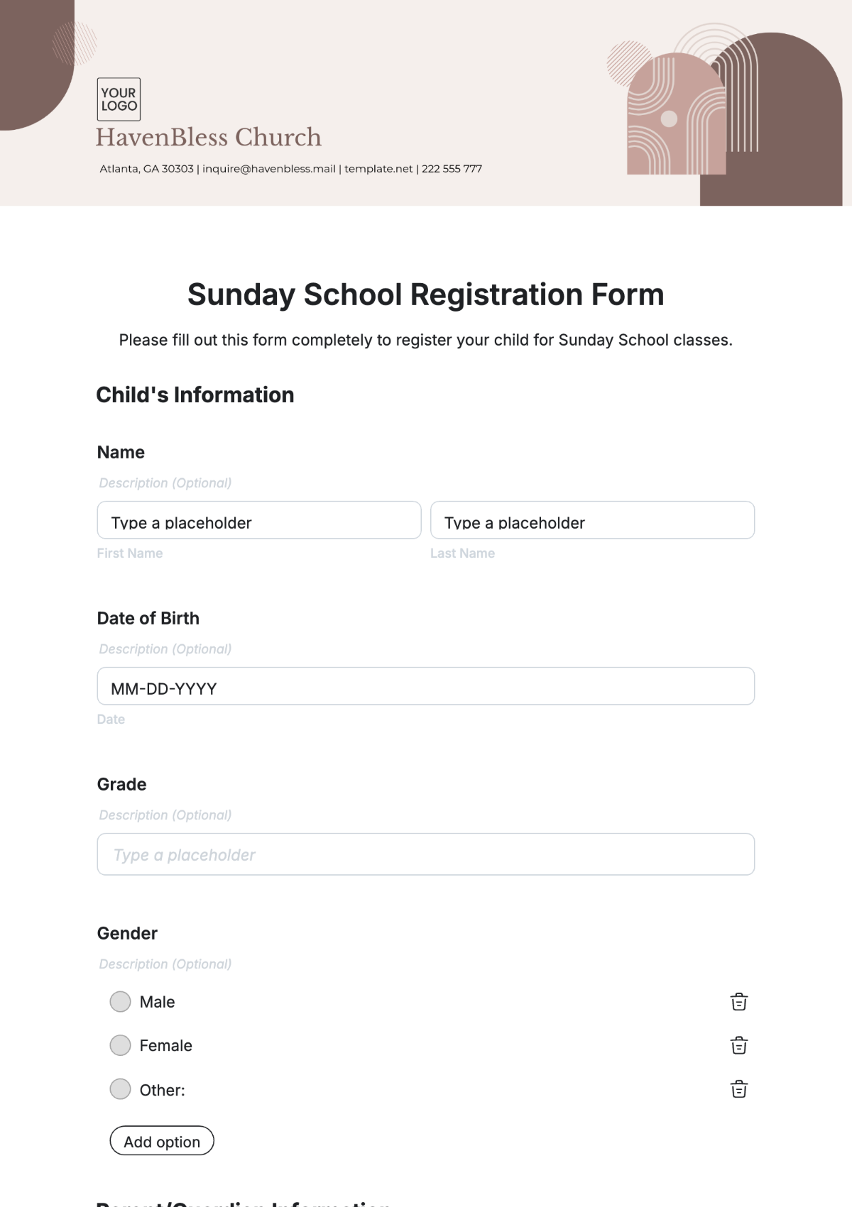 Sunday School Registration Form Template - Edit Online & Download