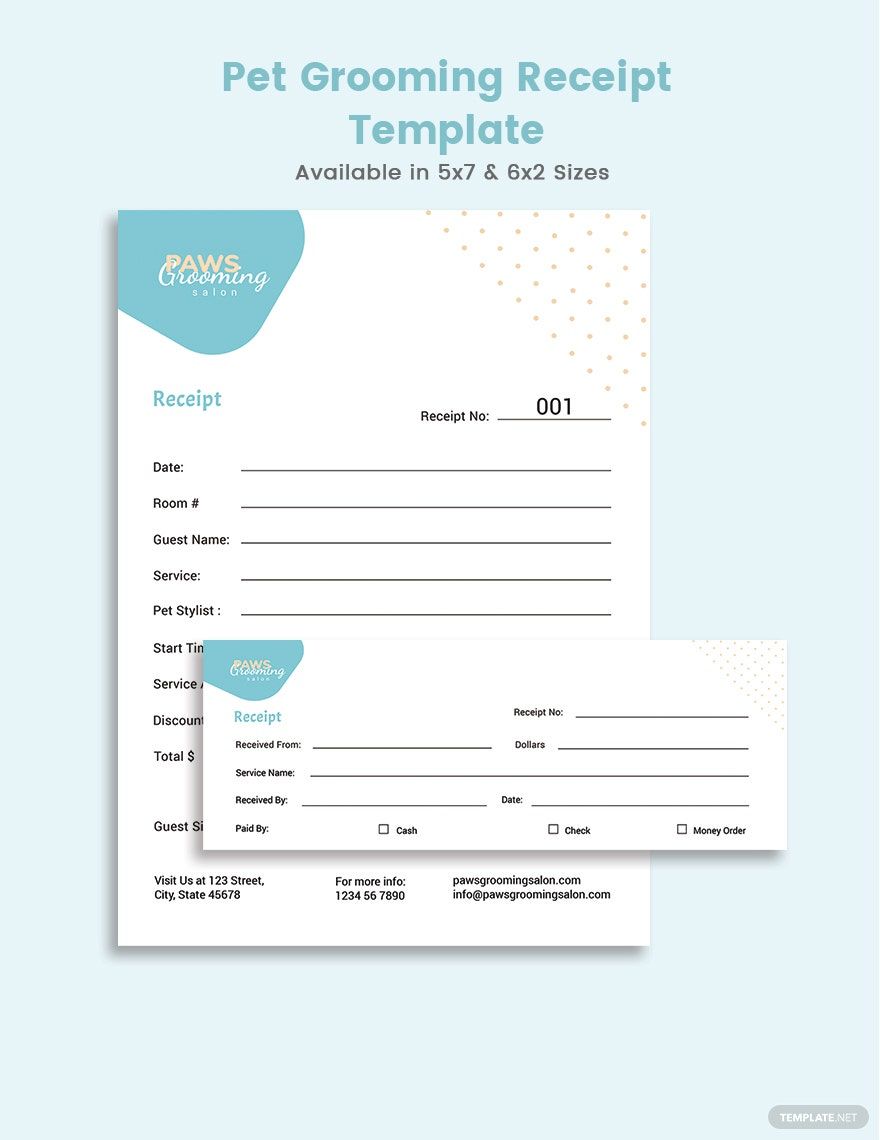 Pet Grooming Receipt Template in Word, Google Docs, Google Sheets, Illustrator, PSD, Apple Pages, Publisher, InDesign