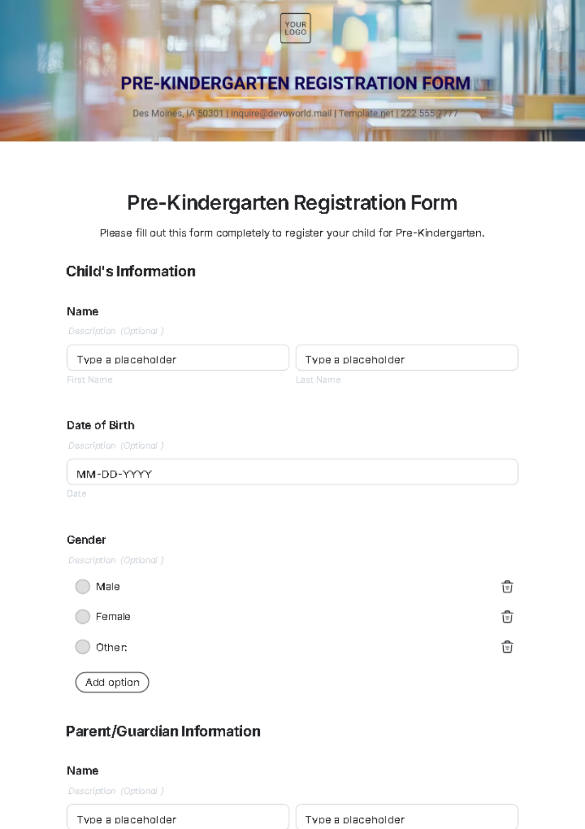 Pre-Kindergarten Registration Form Template - Edit Online & Download