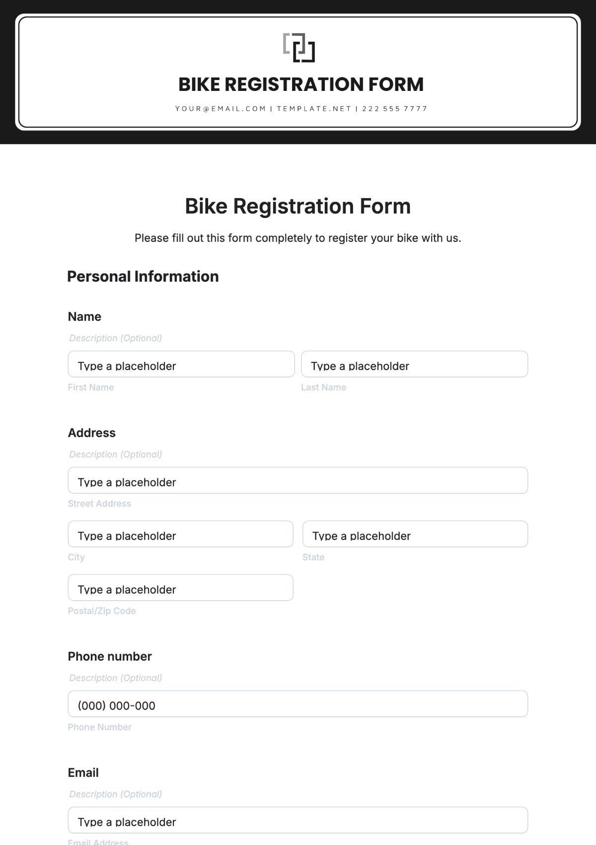 Bike Registration Form Template - Edit Online & Download