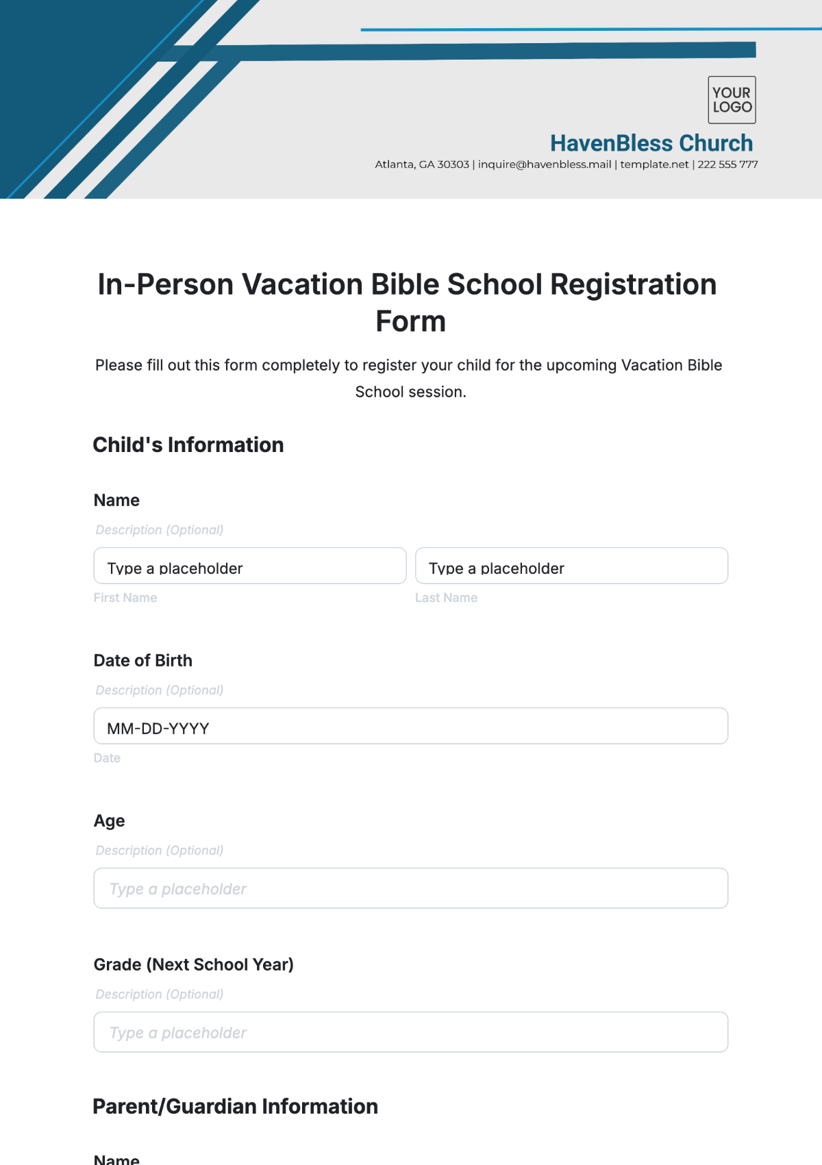 In-Person Vacation Bible School Registration Form Template - Edit Online & Download