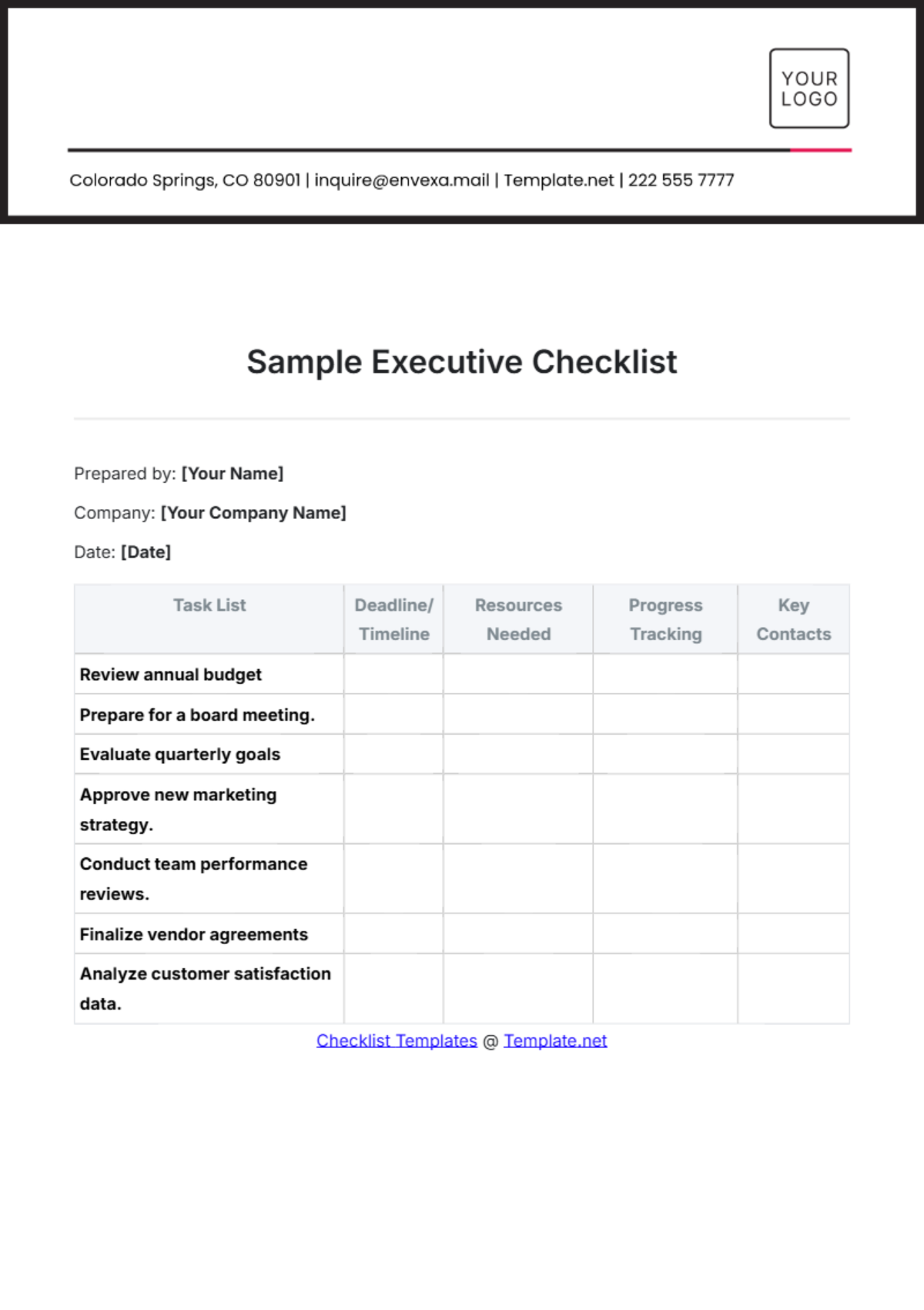 Sample Executive Checklist Template - Edit Online & Download