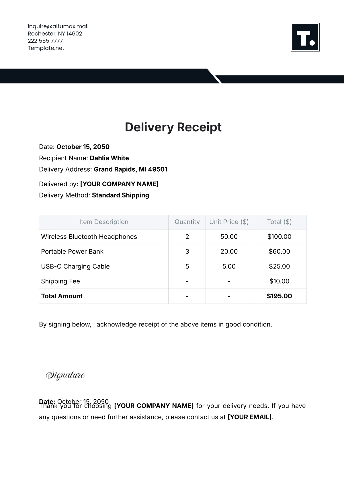 Free Delivery Receipt Template