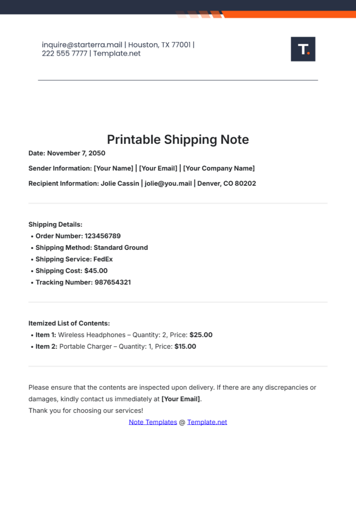 Printable Shipping Note Template - Edit Online & Download