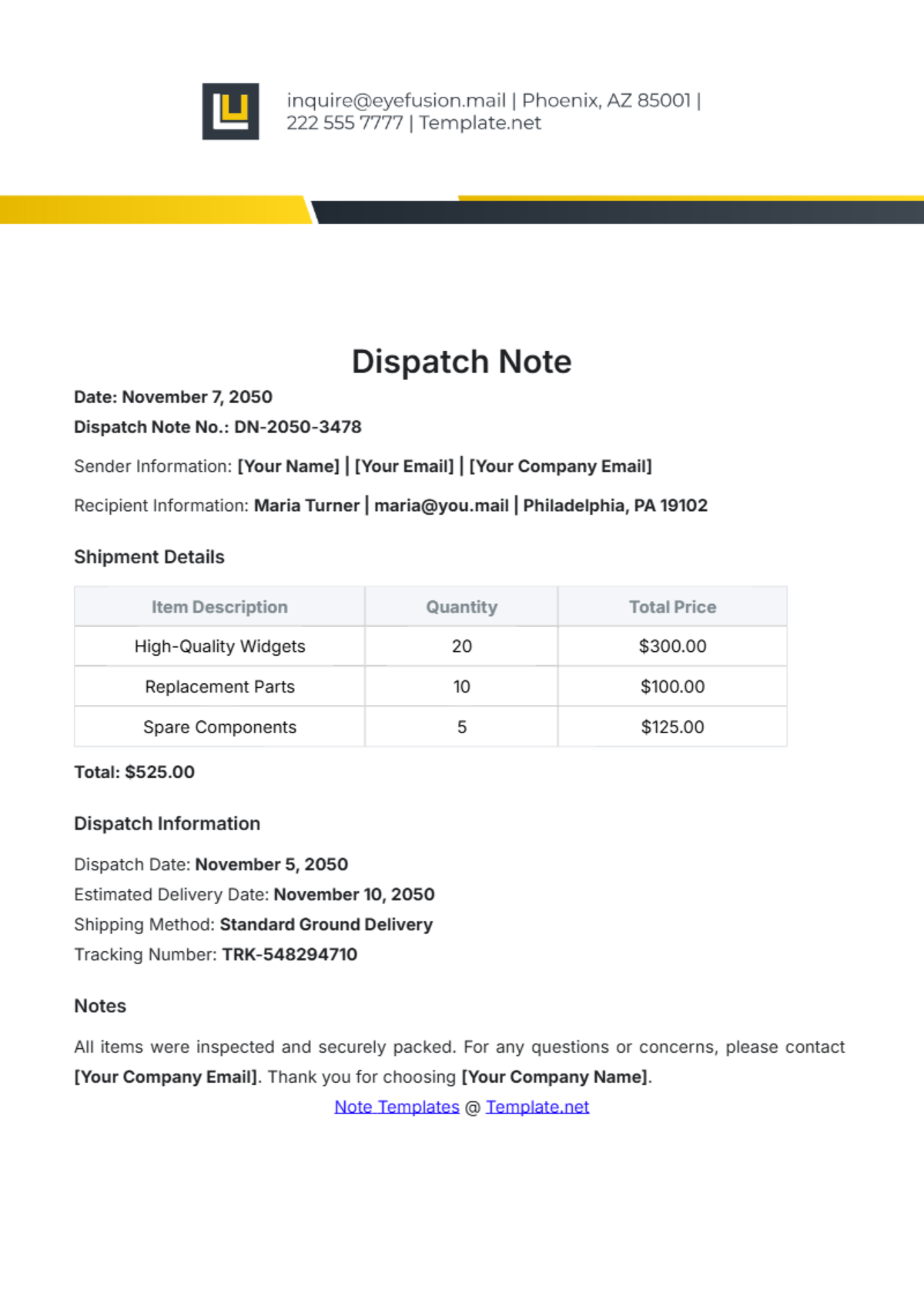 Free Dispatch Note Template