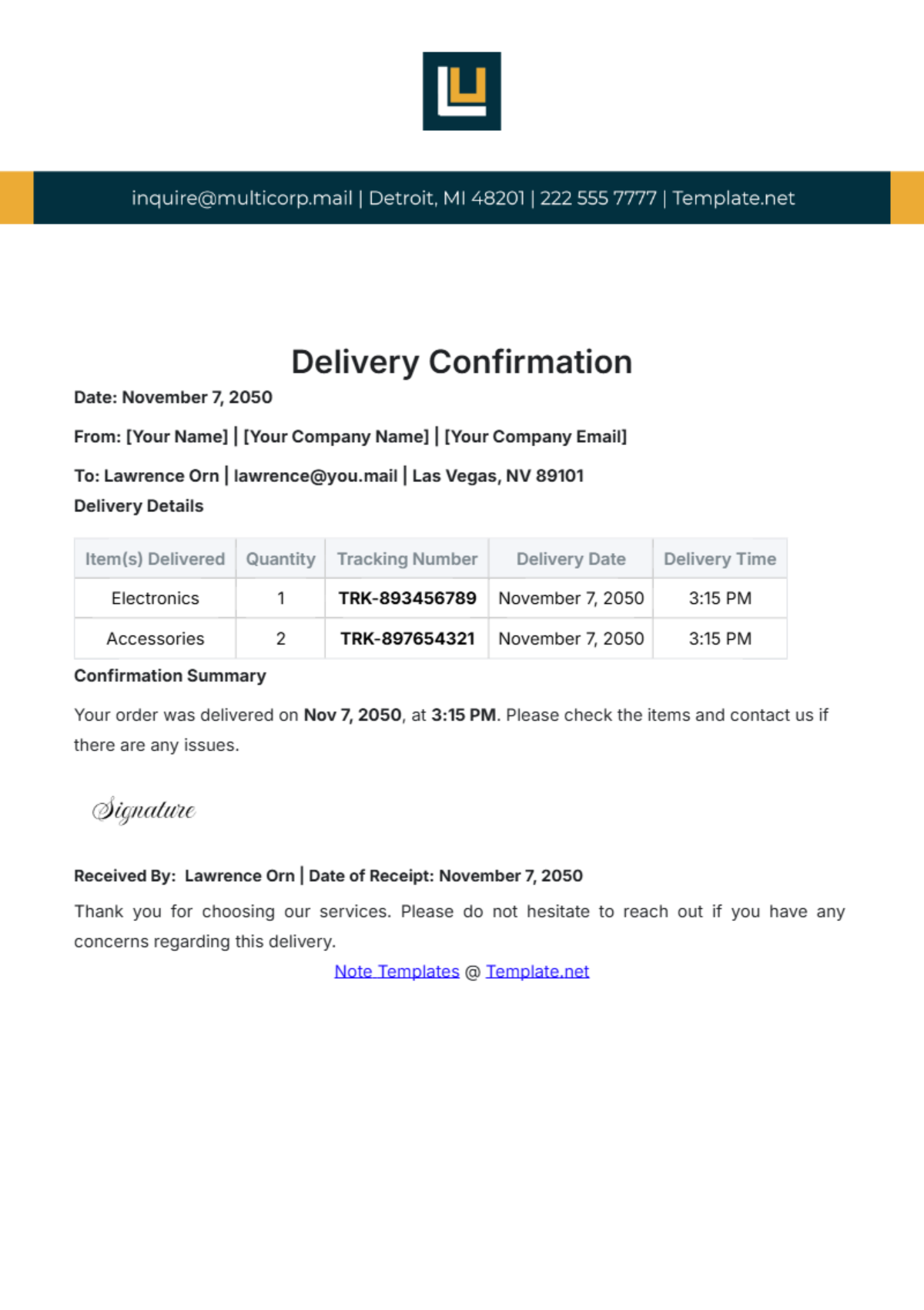 Delivery Confirmation Template - Edit Online & Download