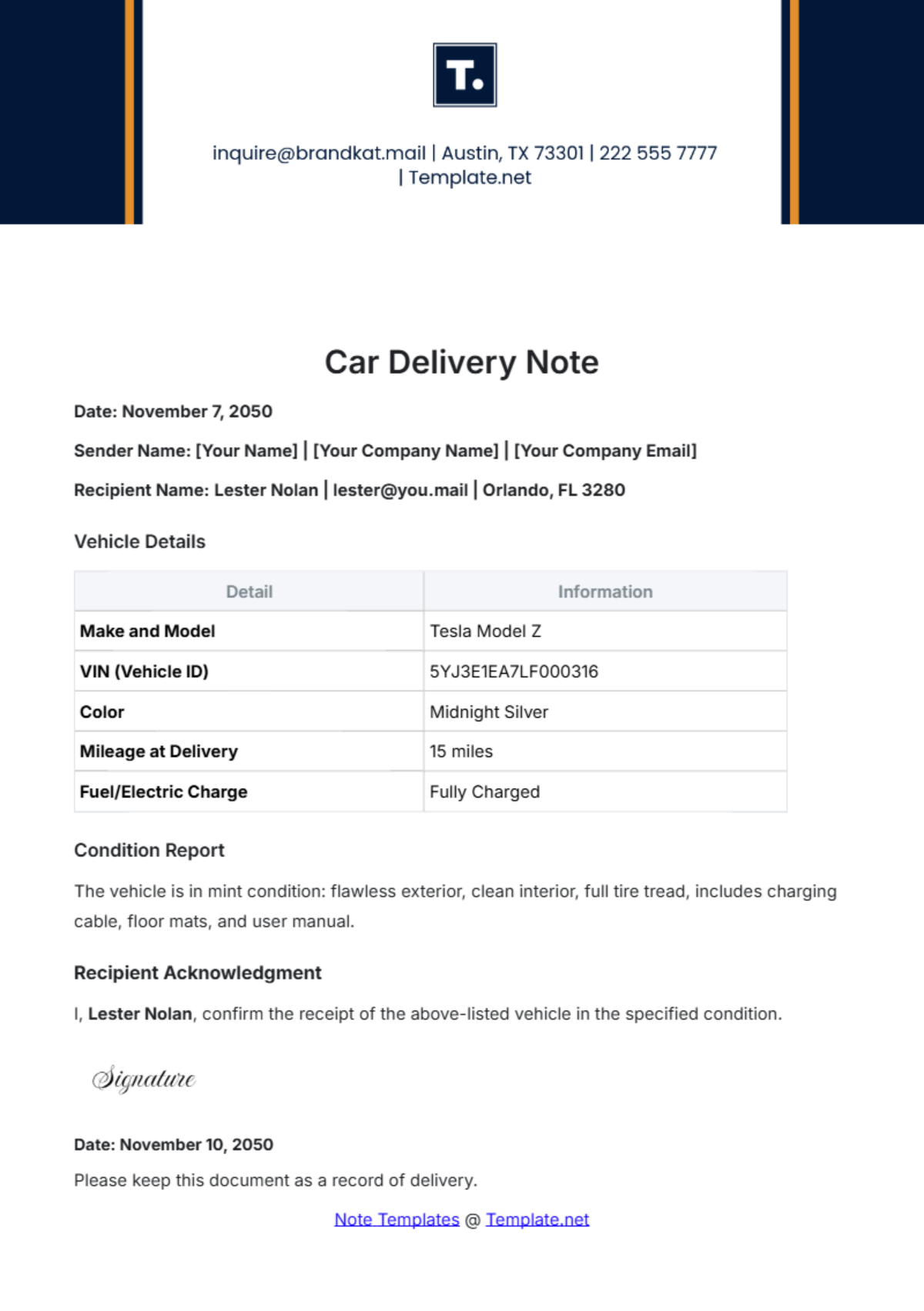 Car Delivery Note Template - Edit Online & Download