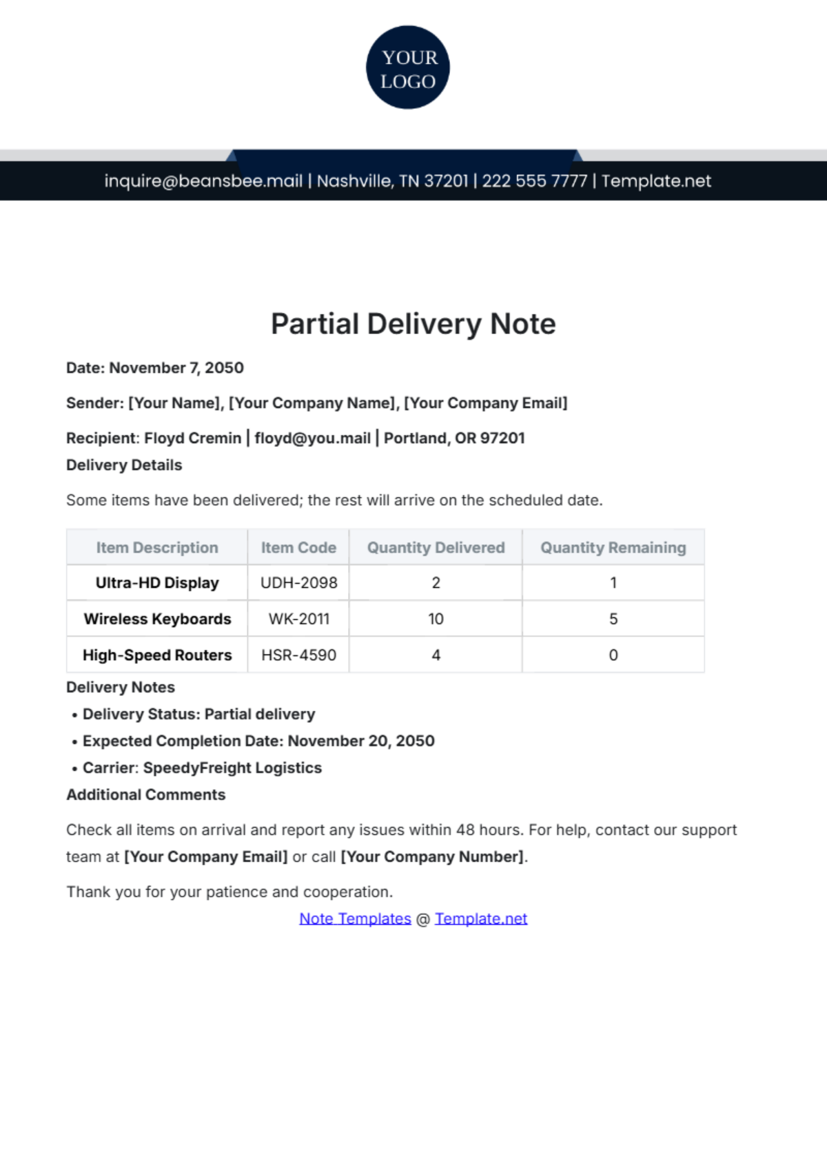 Free Partial Delivery Note Template