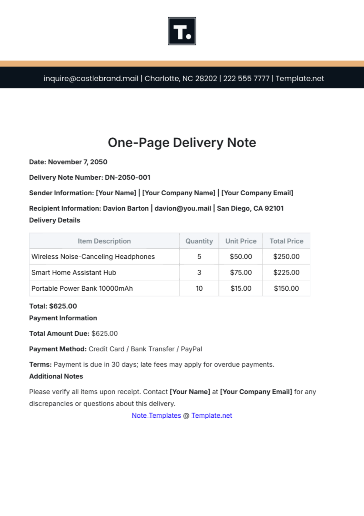 Free One Page Delivery Note Template