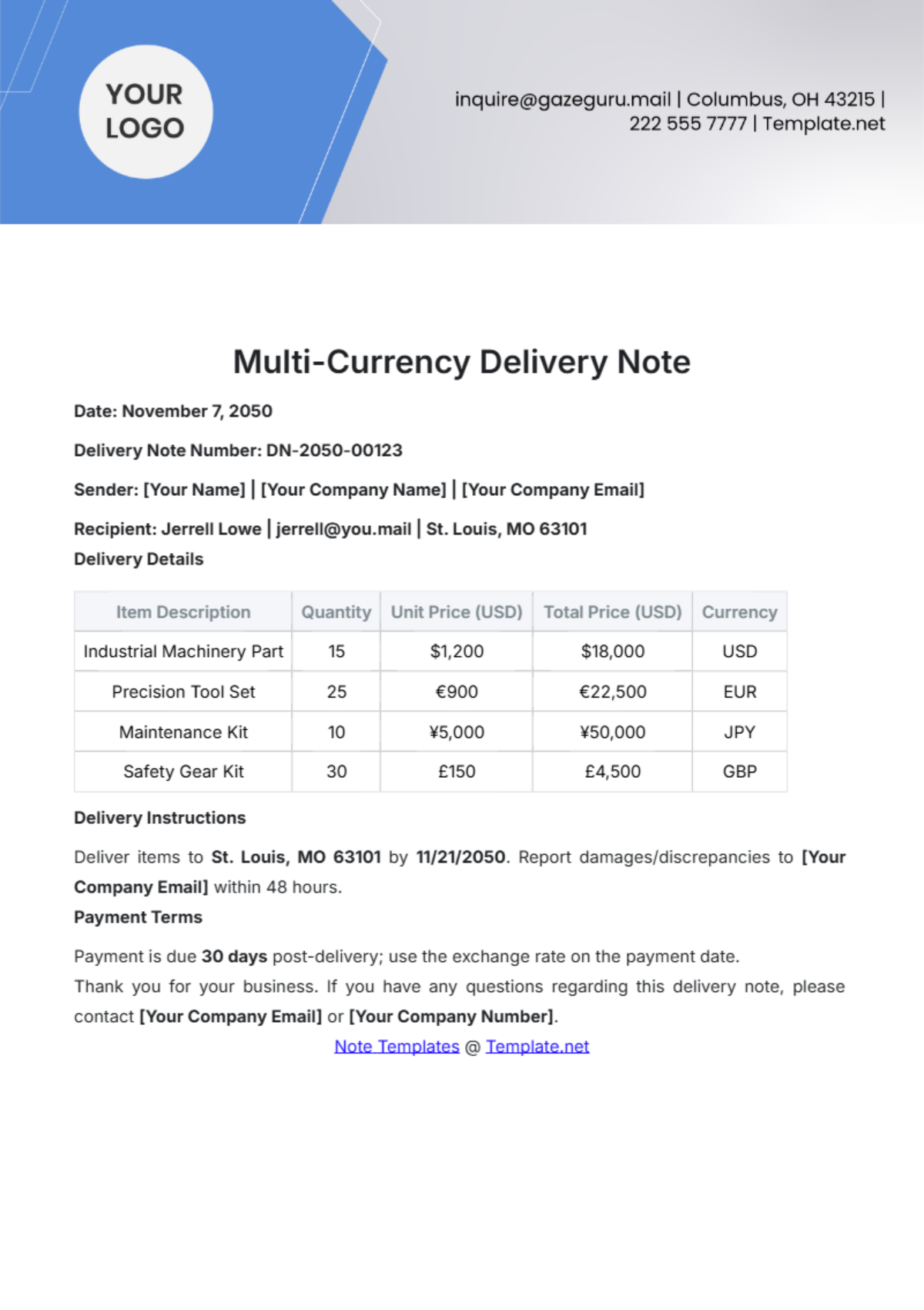 Free Multi-Currency Delivery Note Template