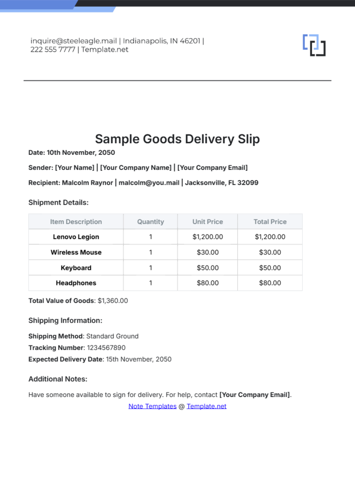 Sample Goods Delivery Slip Template - Edit Online & Download