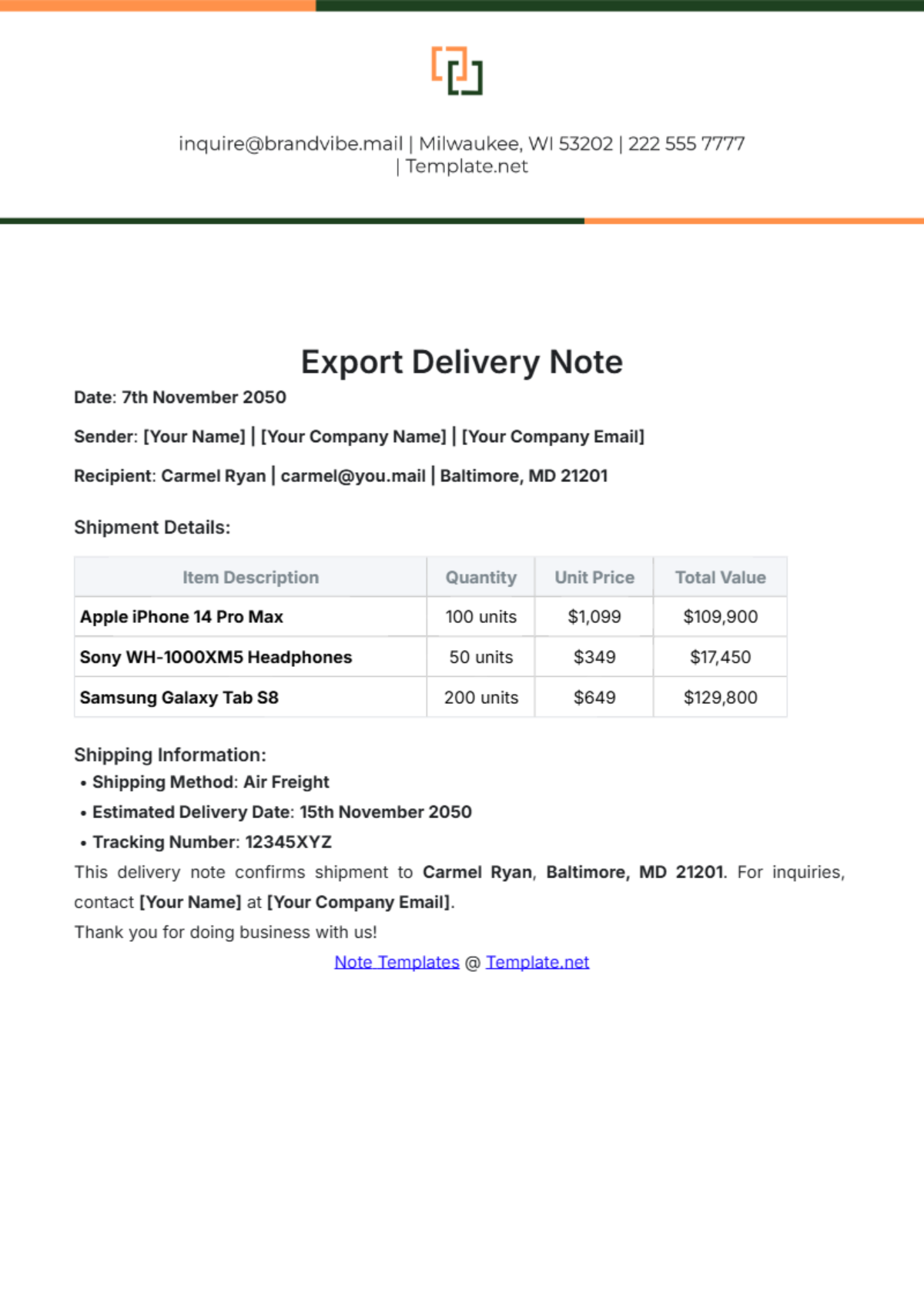 Free Export Delivery Note Template