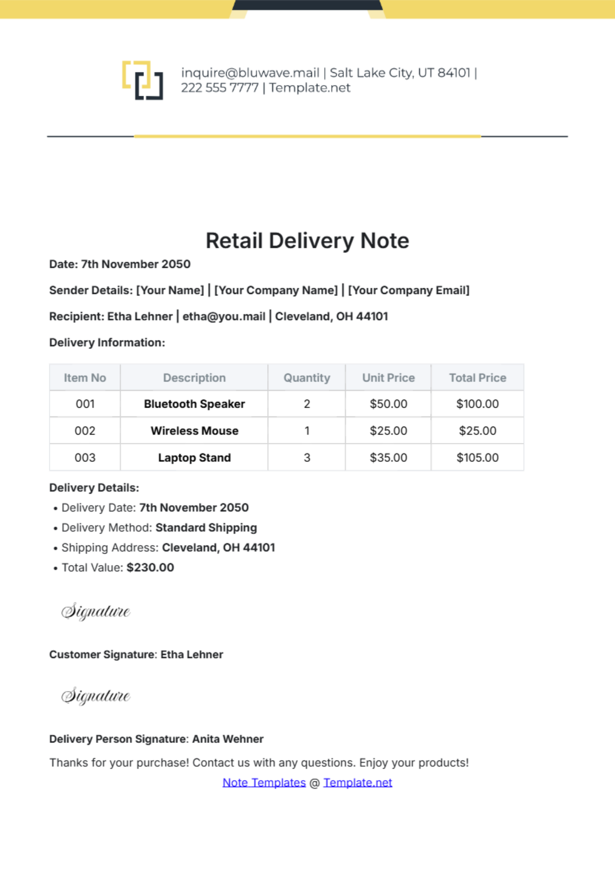 Free Retail Delivery Note Template