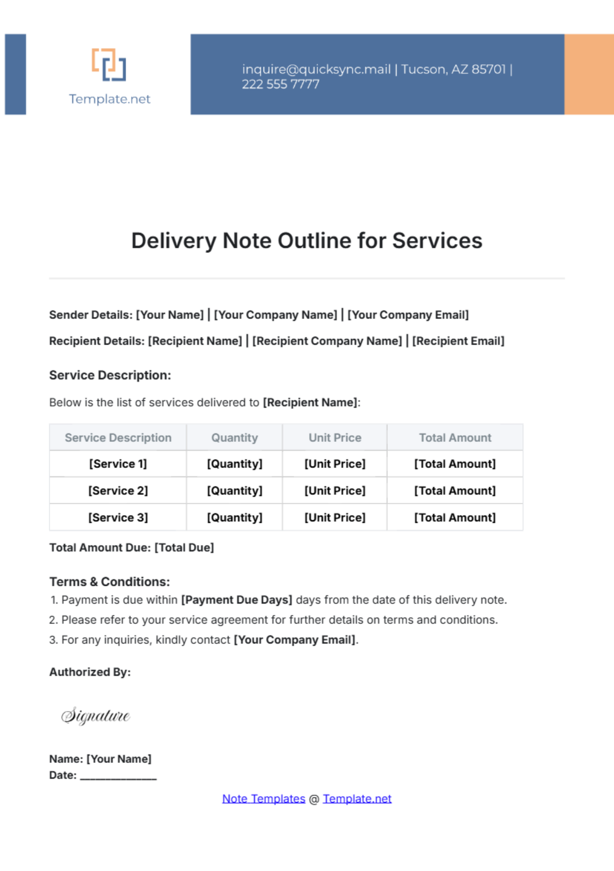 Free Delivery Note Outline for Services Template