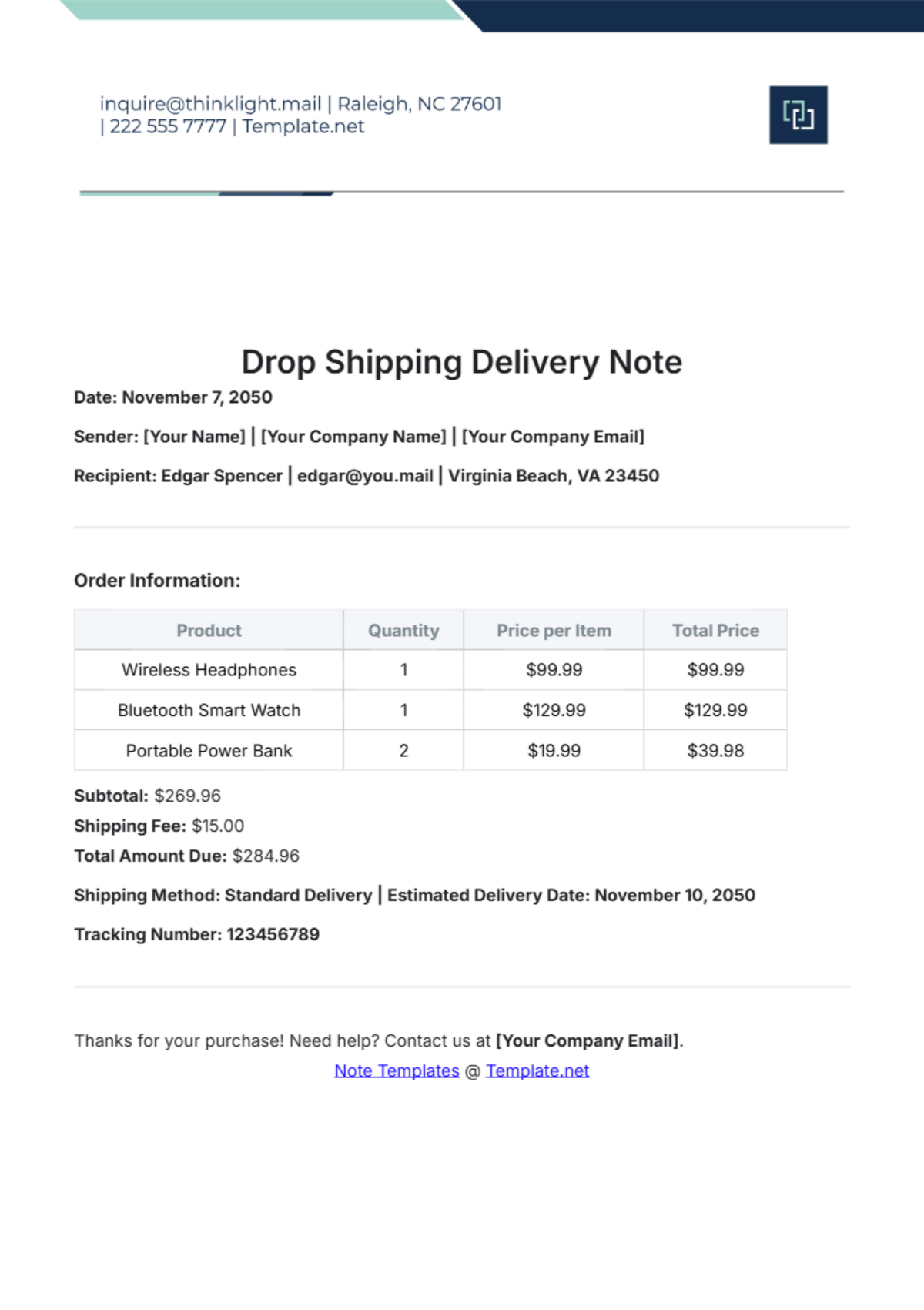 Drop Shipping Delivery Note Template - Edit Online & Download