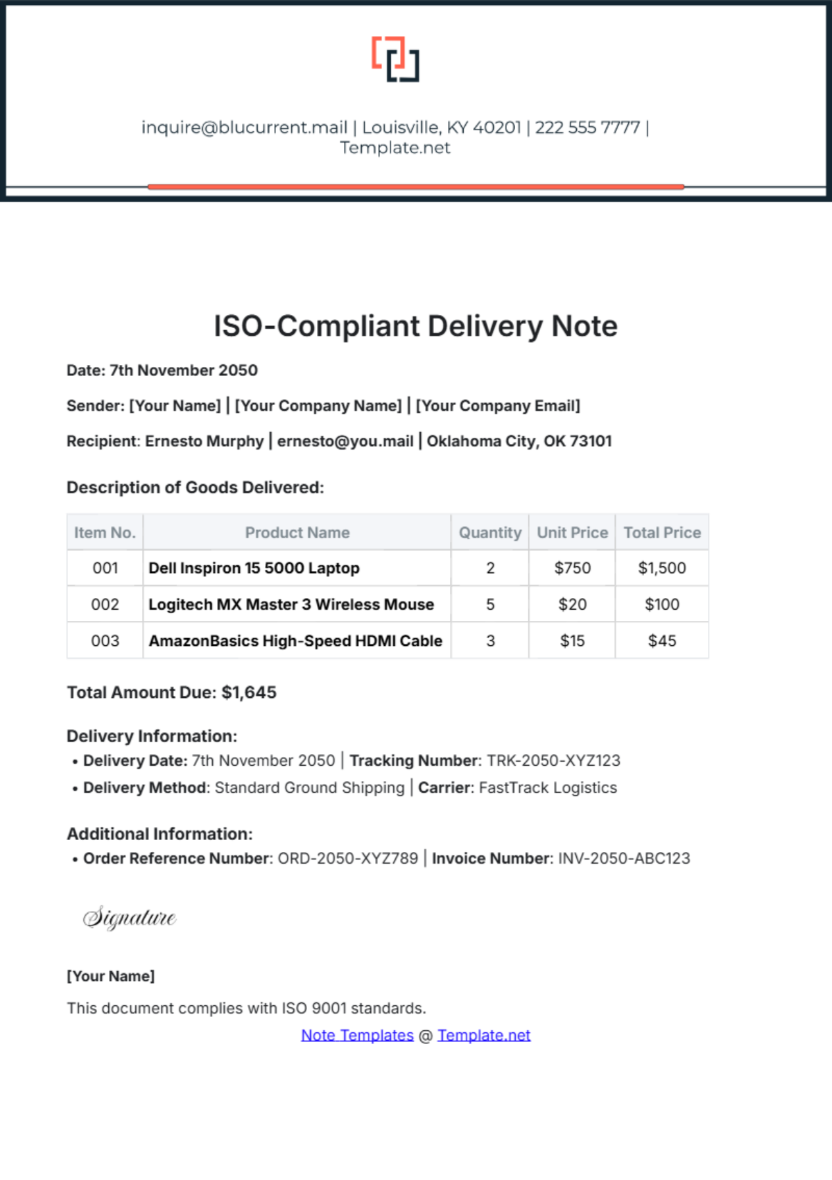 Free ISO-Compliant Delivery Note Template