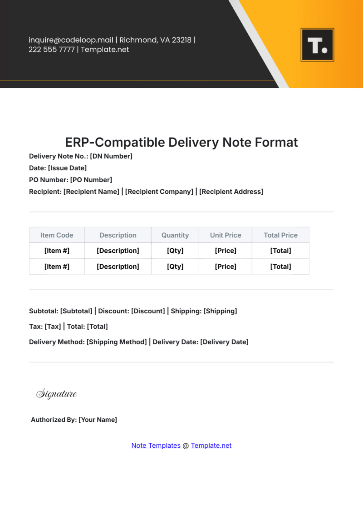 ERP-Compatible Delivery Note Format Template - Edit Online & Download