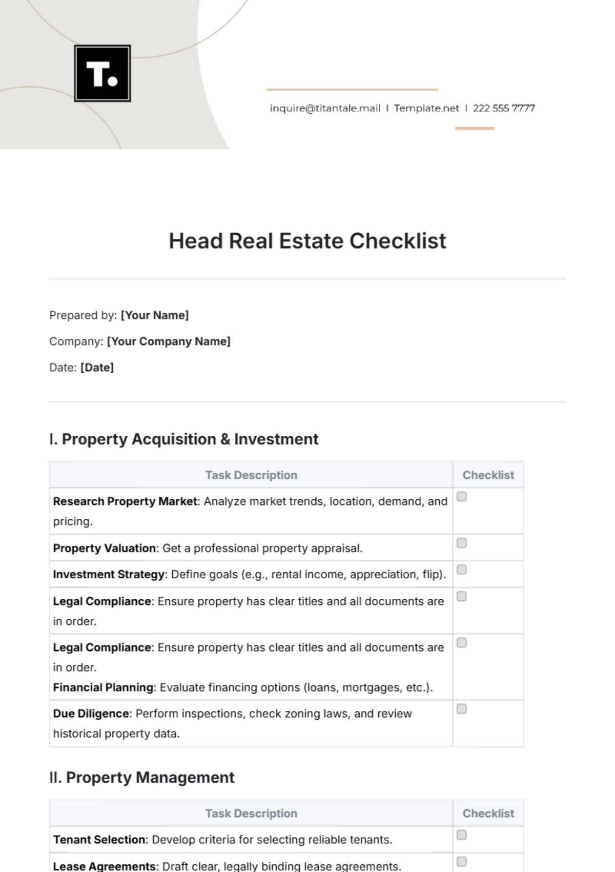 Head Real Estate Checklist Template - Edit Online & Download