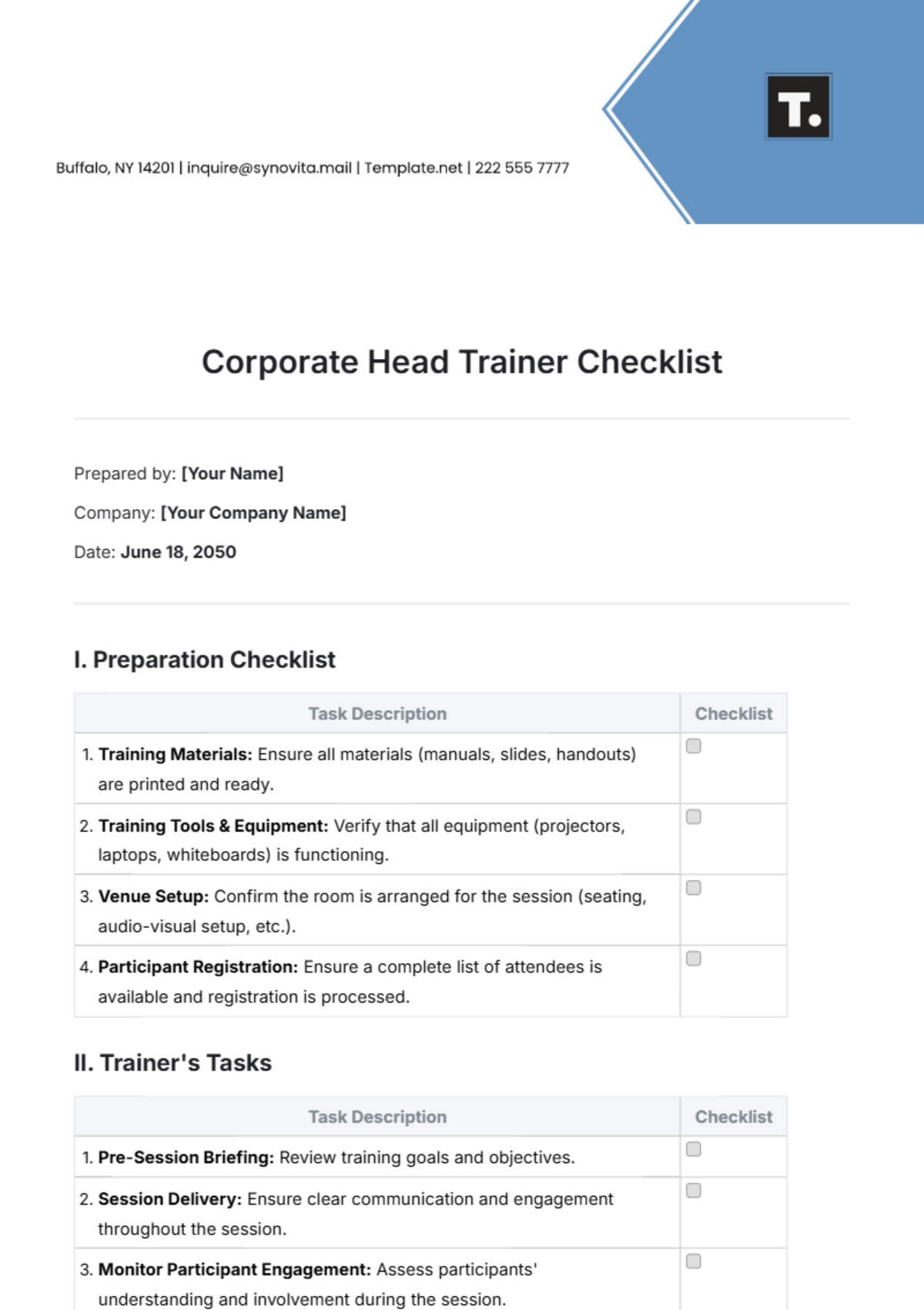 Corporate Head Trainer Checklist Template - Edit Online & Download