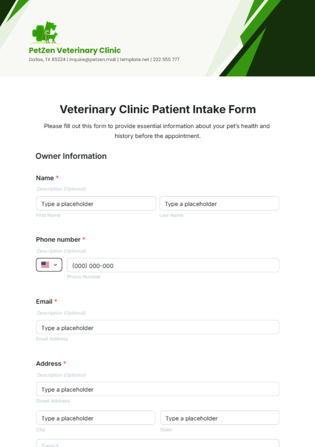 Veterinary Clinic Patient Intake Form Template - Edit Online & Download