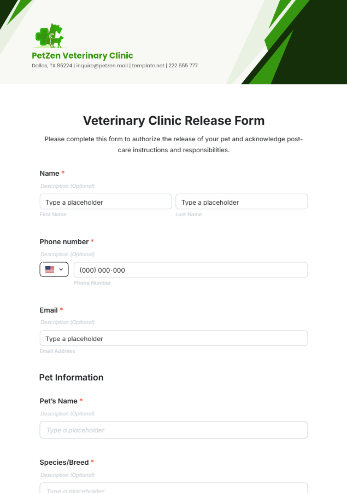 Veterinary Clinic Release Form Template - Edit Online & Download