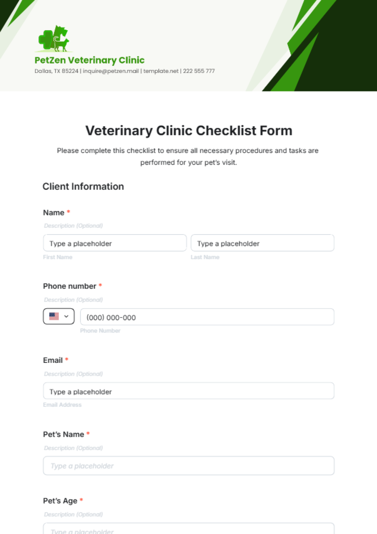 Veterinary Clinic Checklist Form Template - Edit Online & Download