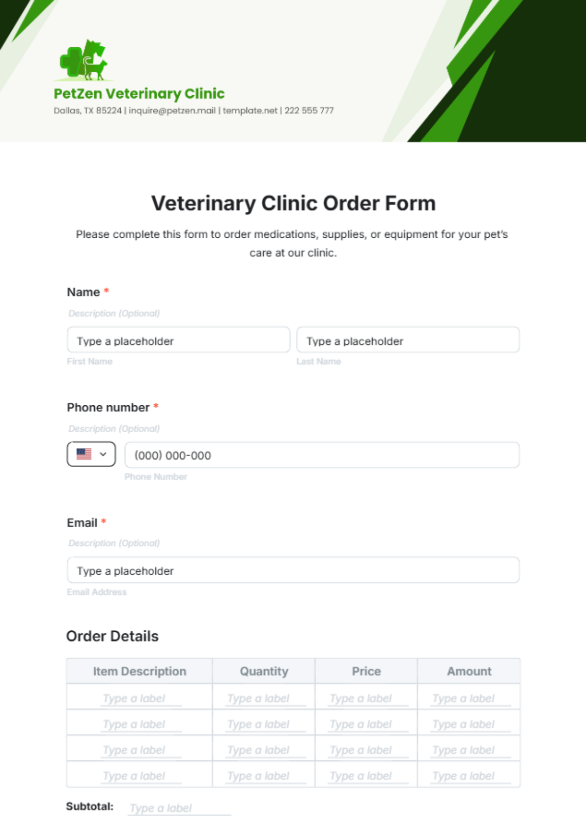 Veterinary Clinic Order Form Template - Edit Online & Download