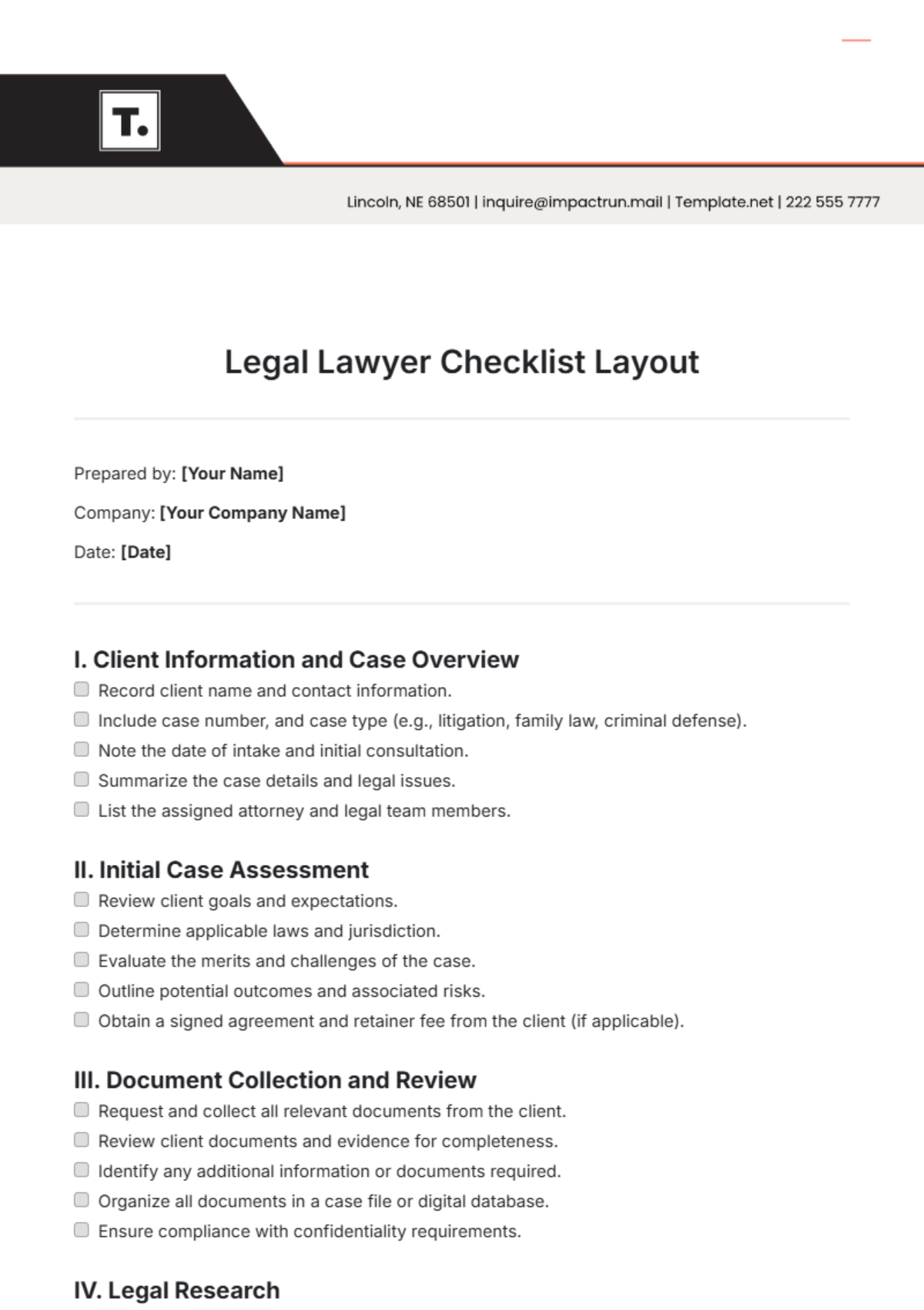 Legal Lawyer Checklist Layout Template - Edit Online & Download