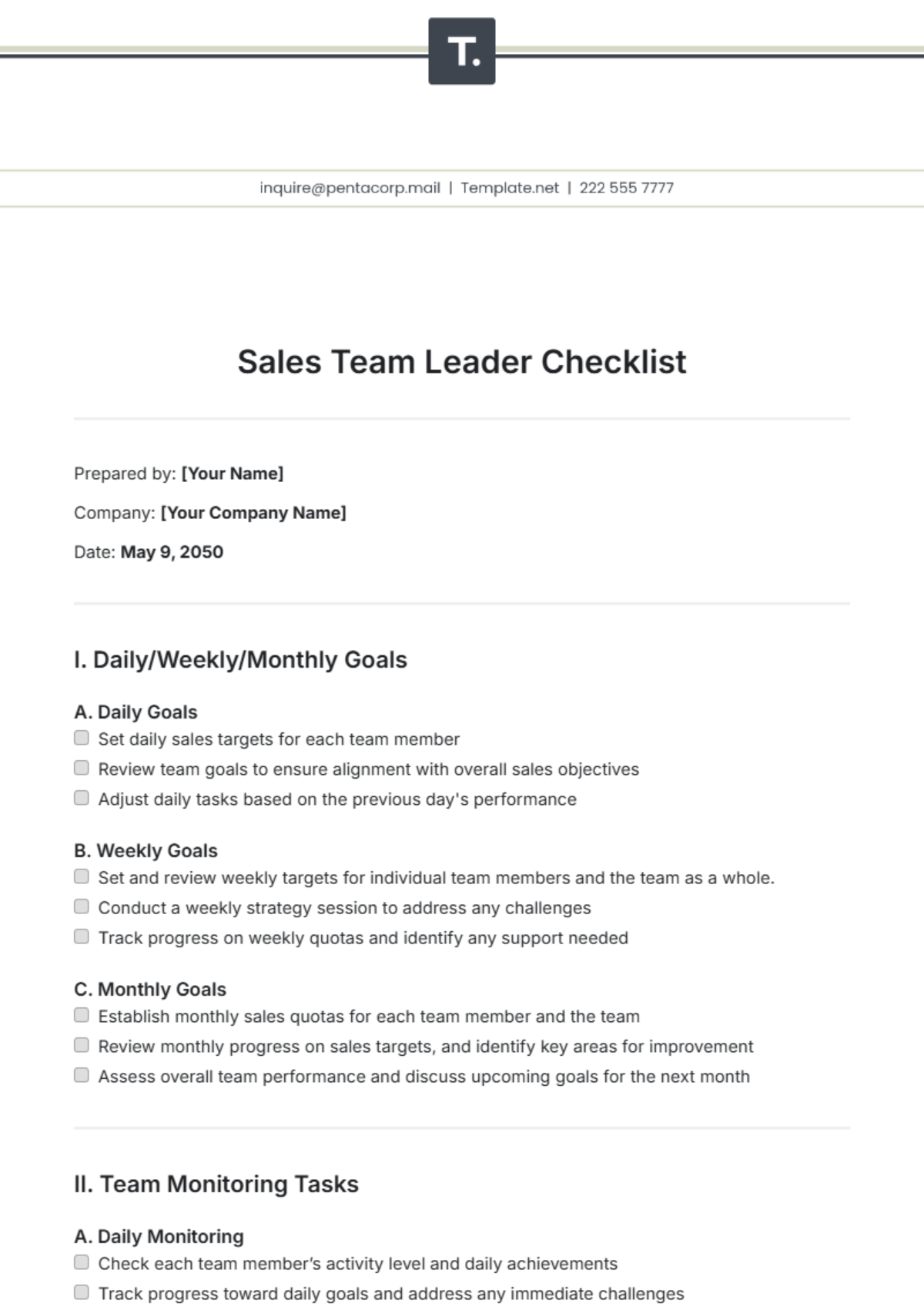 Sales Team Leader Checklist Template - Edit Online & Download