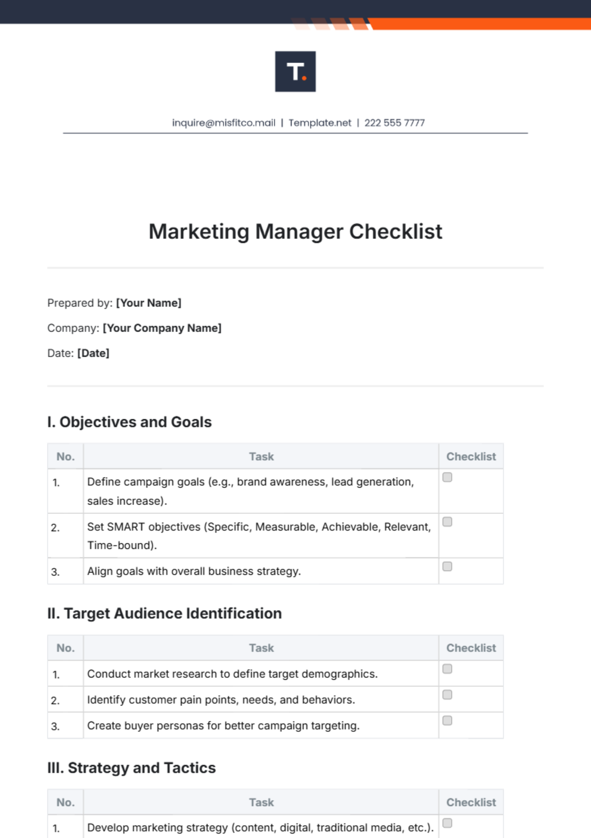 Marketing Manager Checklist Template - Edit Online & Download