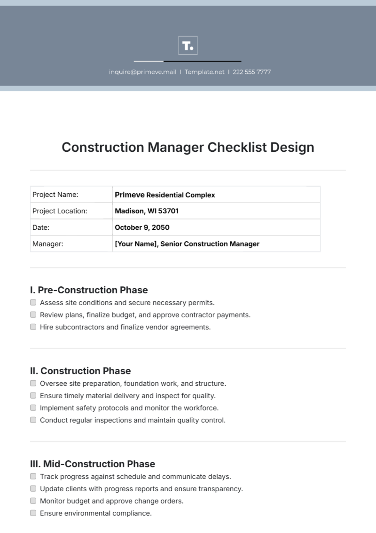 Construction Manager Checklist Design Template - Edit Online & Download